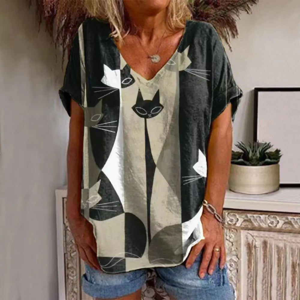 Summer Women's V-Neck T-Shirt with 3D Print