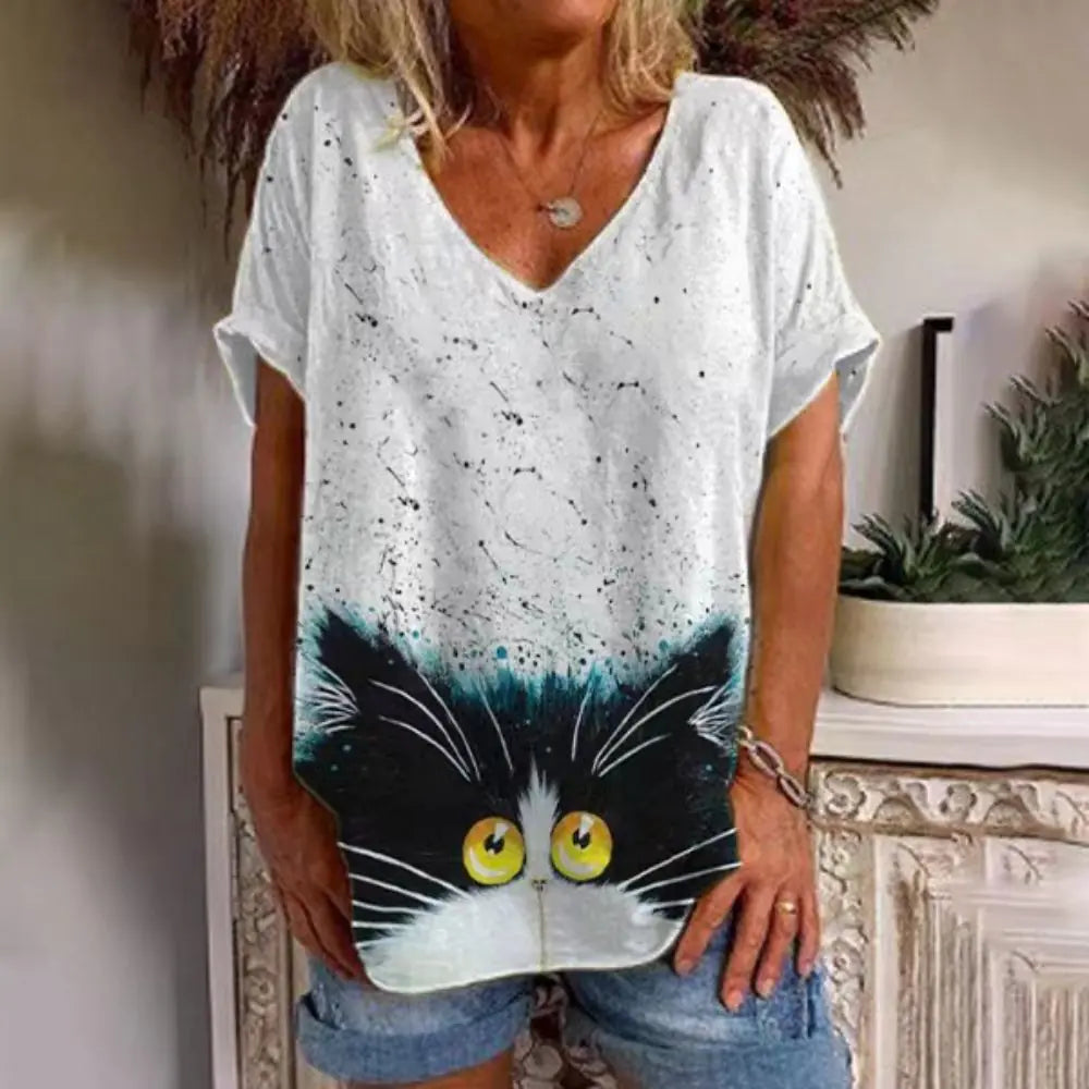Summer Women's V-Neck T-Shirt with 3D Print