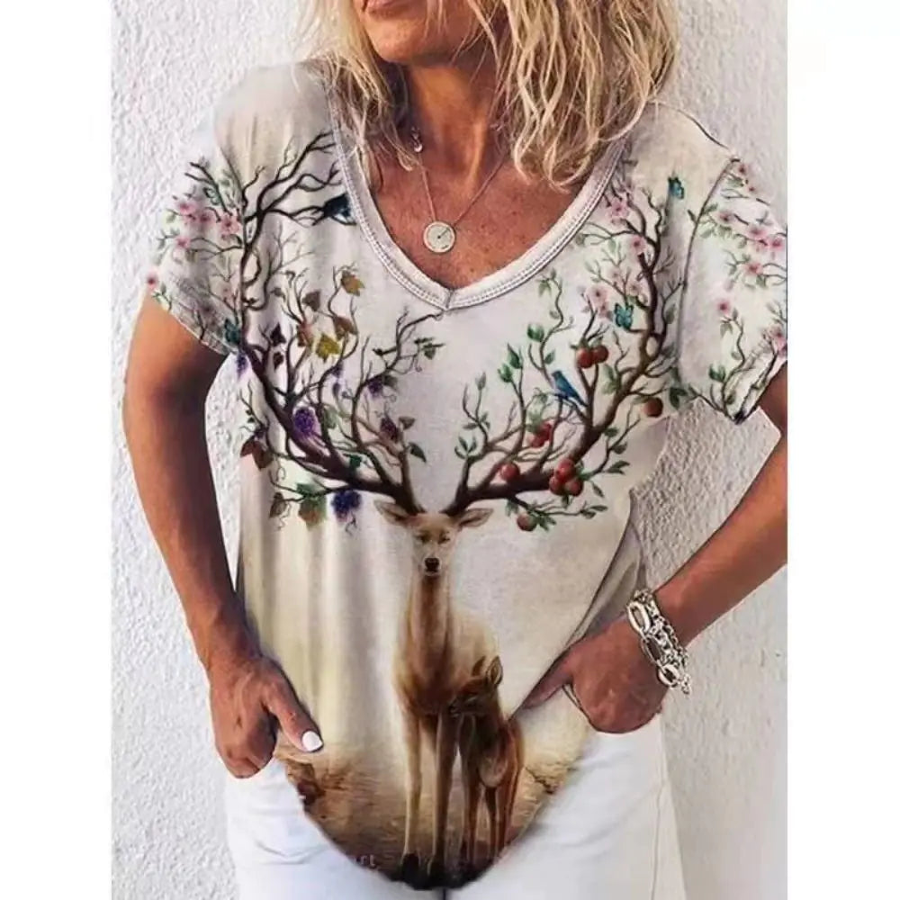 Summer Women's V-Neck T-Shirt with 3D Print