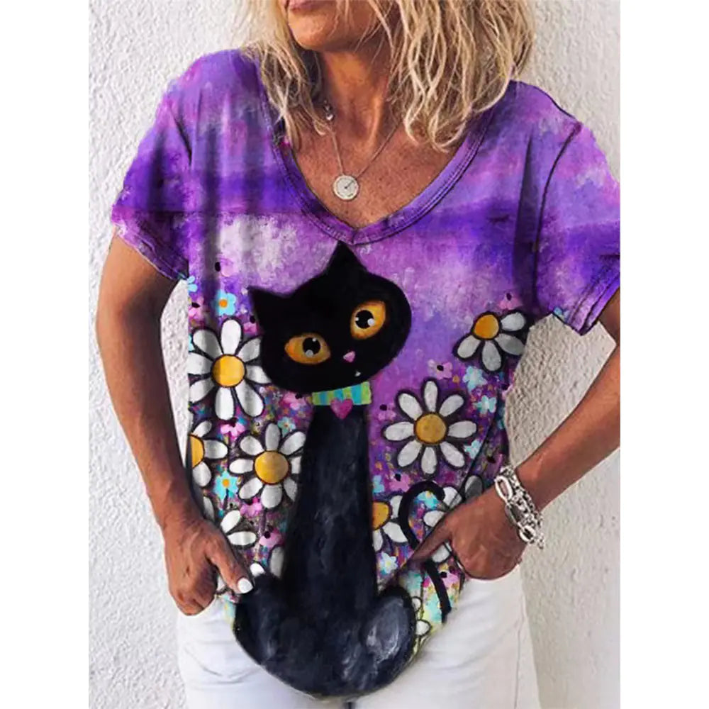 Summer Women's V-Neck T-Shirt with 3D Print