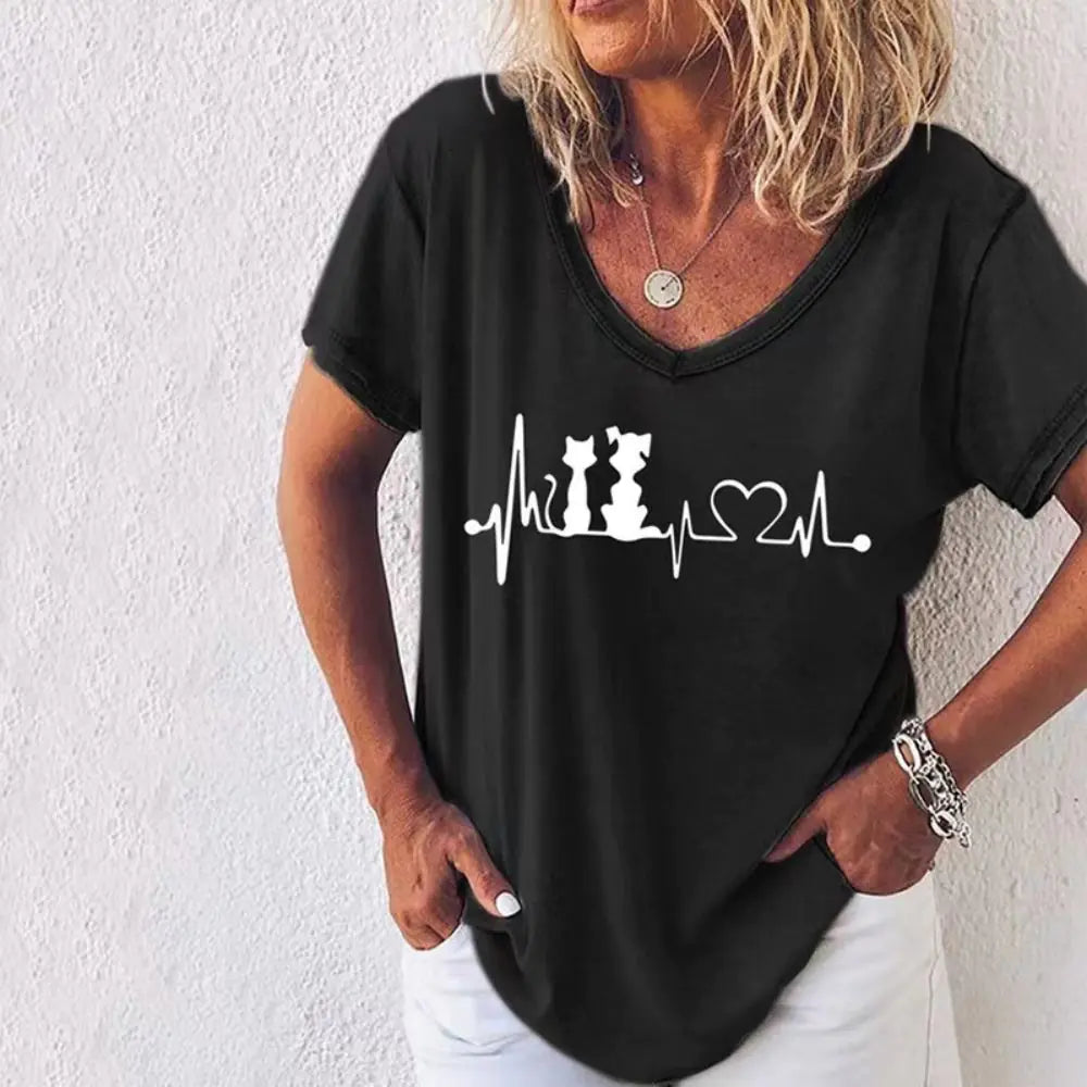 Summer Women's V-Neck T-Shirt with 3D Print