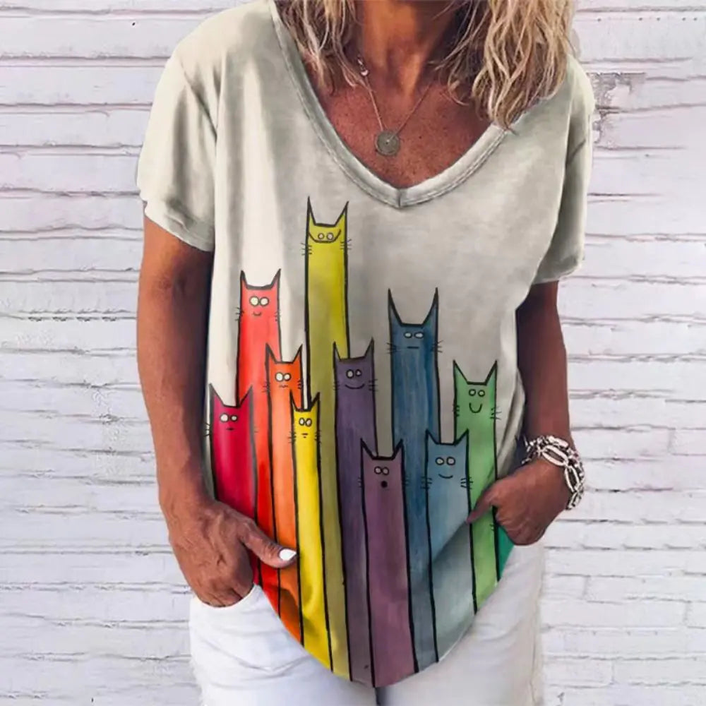 Summer Women's V-Neck T-Shirt with 3D Print