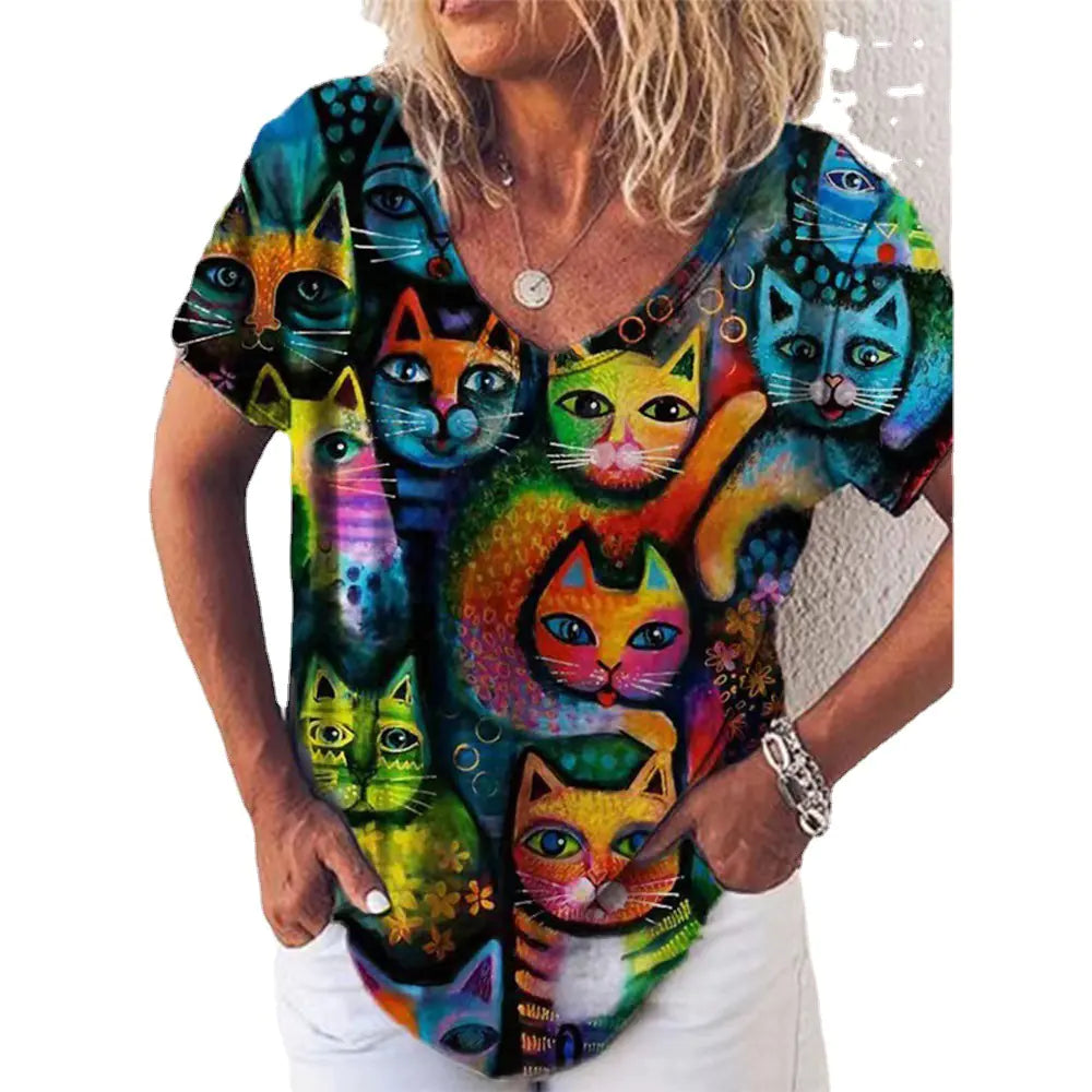 Summer Women's V-Neck T-Shirt with 3D Print