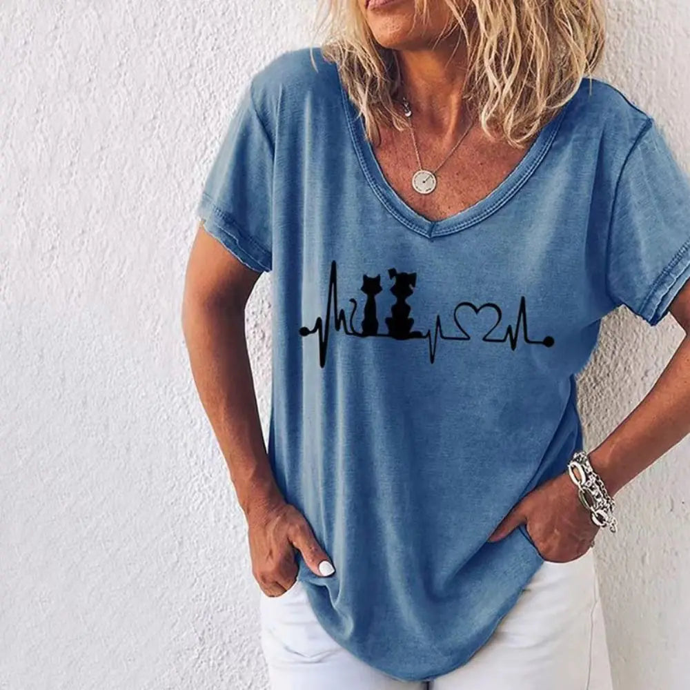 Summer Women's V-Neck T-Shirt with 3D Print