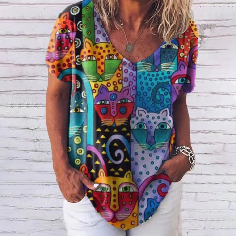 Summer Women's V-Neck T-Shirt with 3D Print