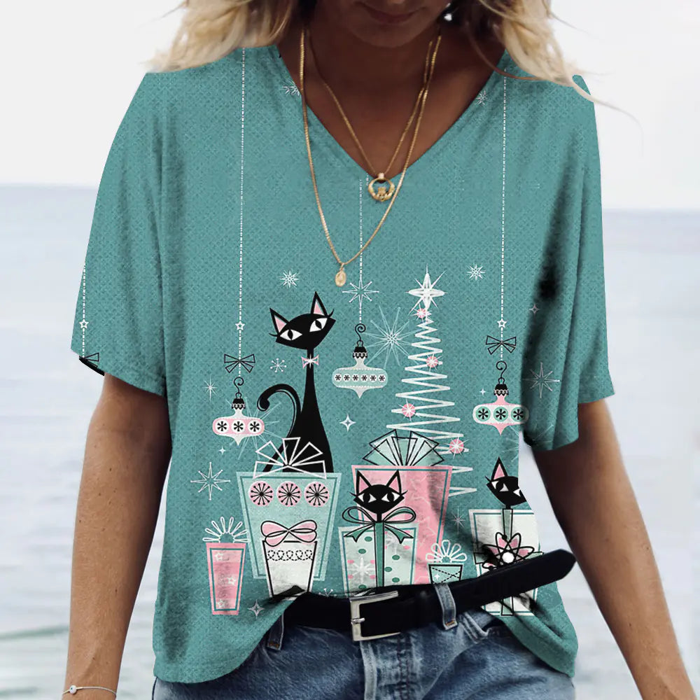 Summer Women's V-Neck T-Shirt with 3D Print