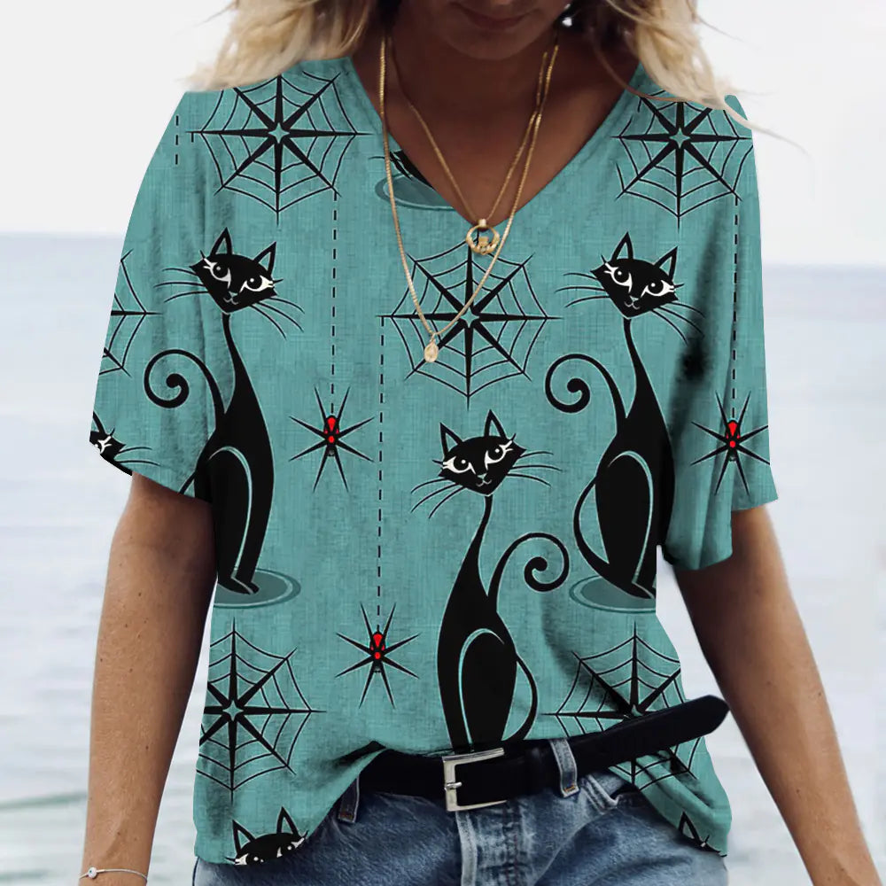 Summer Women's V-Neck T-Shirt with 3D Print