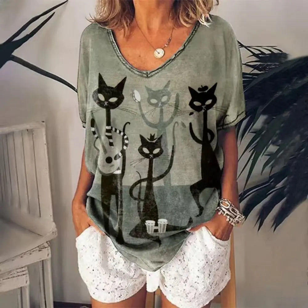 Summer Women's V-Neck T-Shirt with 3D Print