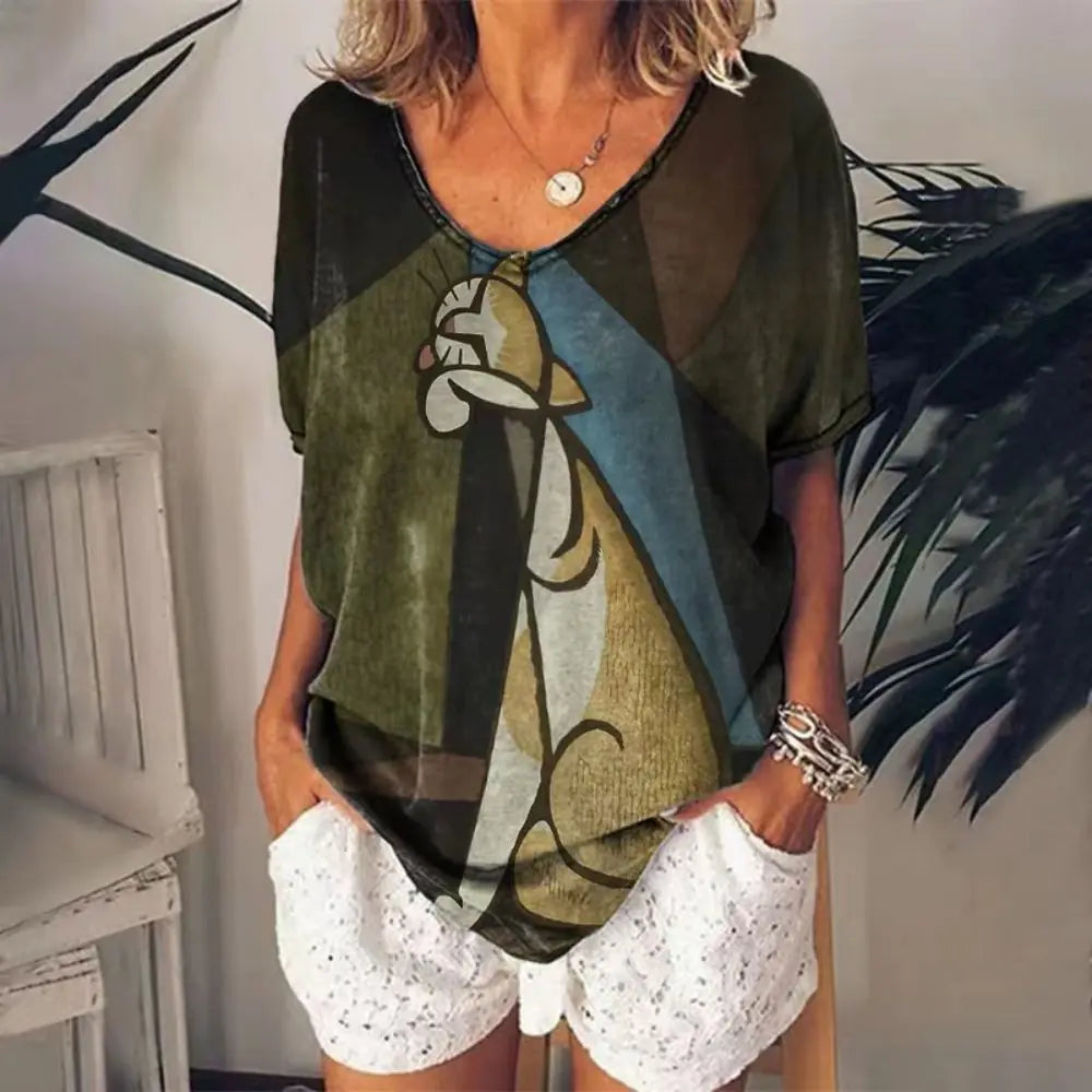 Summer Women's V-Neck T-Shirt with 3D Print