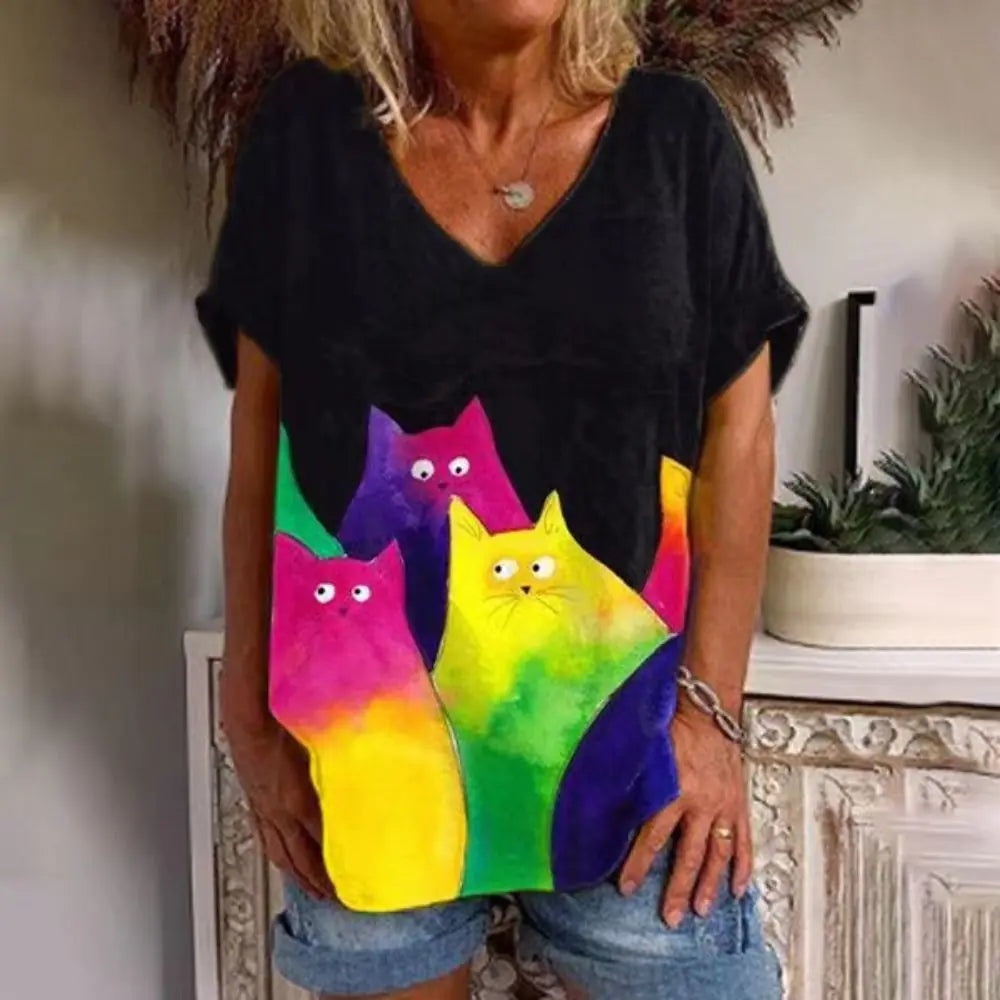 Summer Women's V-Neck T-Shirt with 3D Print