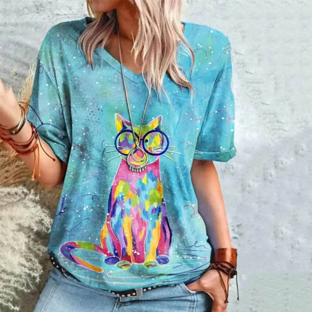 Summer Women's V-Neck T-Shirt with 3D Print